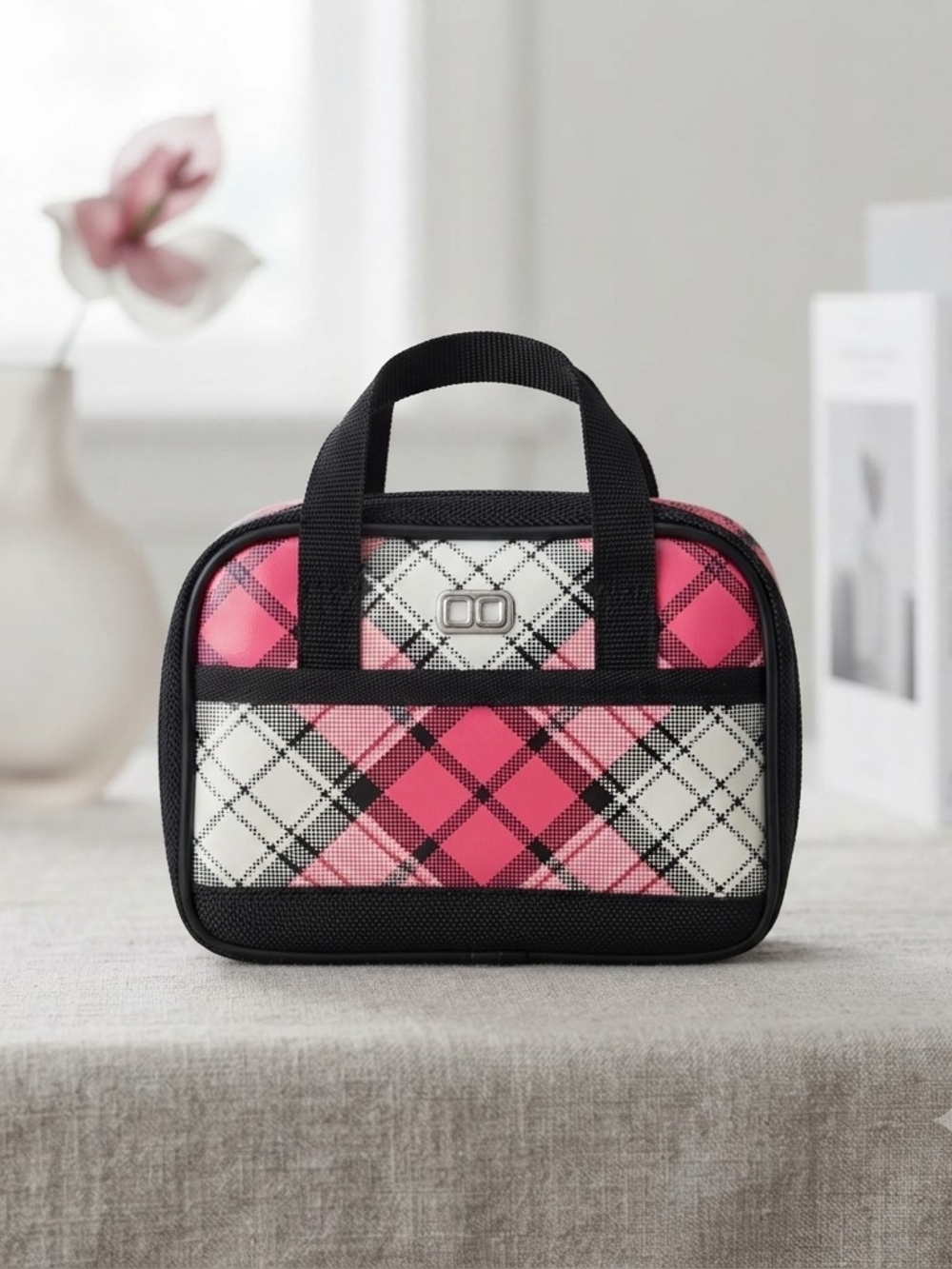 Compact Pink Plaid Travel Cosmetic Bag